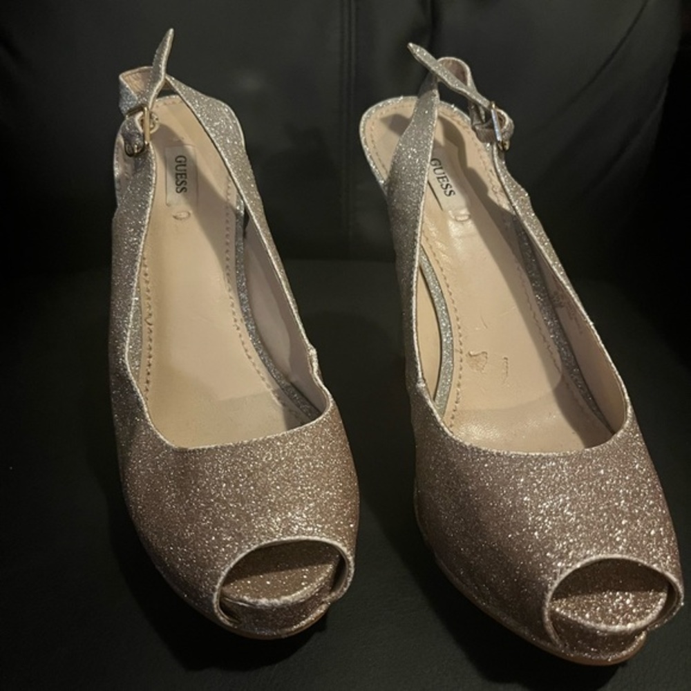 Guess Peep Toe All Glitter Strappy Stiletto Heels